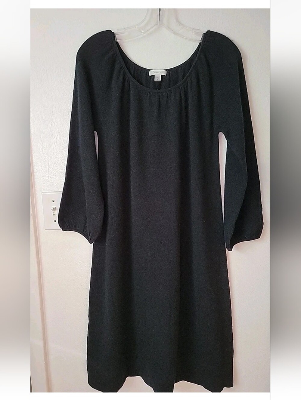 Garnett Hill Black Cashmere Dress Three-Quarter Sleeve Scoop Neck Dress